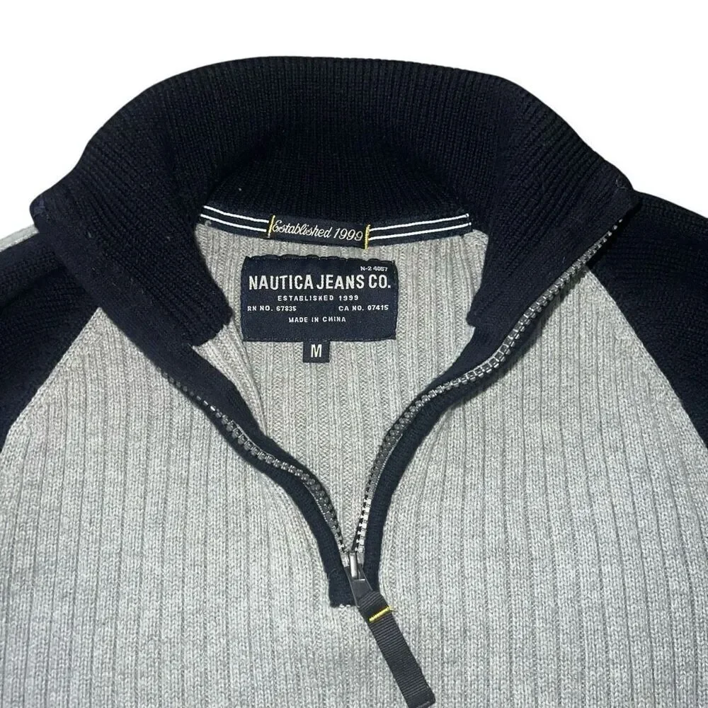 NAUTICA JEANS CO Men’s Navy Blue & Grey Knitted 1/4 Zip Sweater Size M